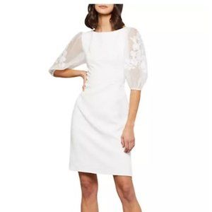 BCBG Lace Puff Sleeve Crepe Dress (White)